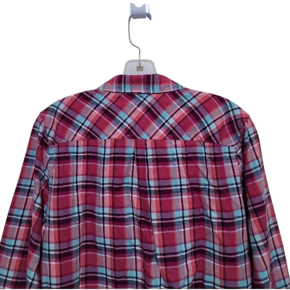 Talbots Women's Button Down Pink Aqua Plaid Long Sleeve Shirt Size Medium - Picture 5 of 6